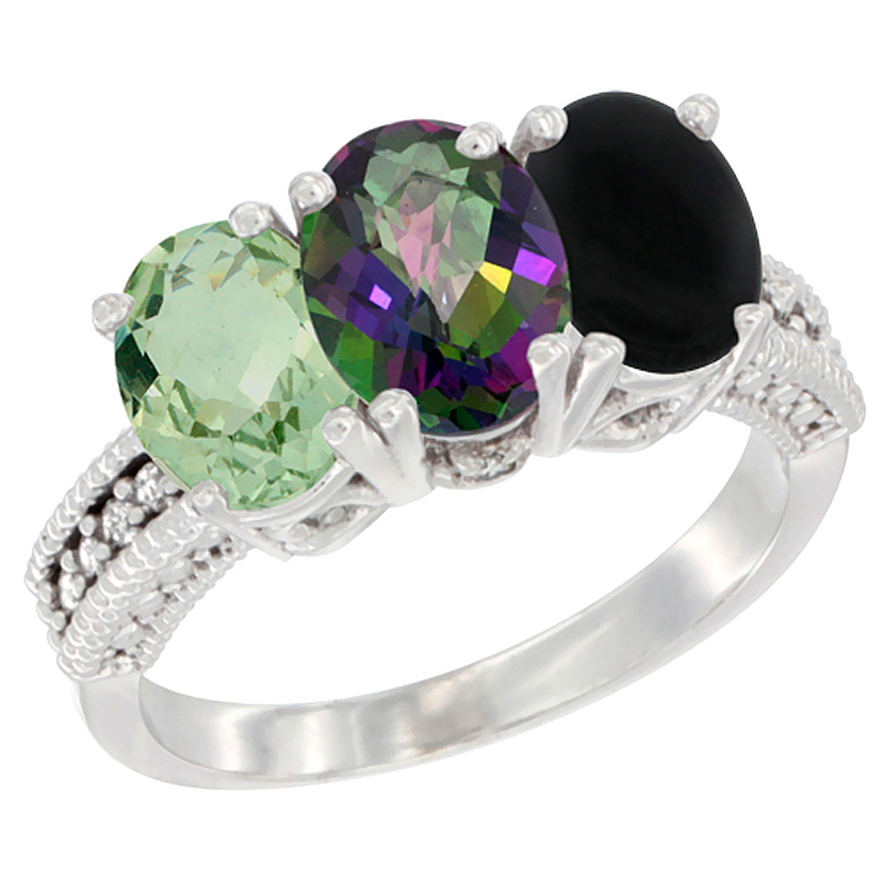 14K White Gold Natural Green Amethyst, Mystic Topaz & Black Onyx Ring 3-Stone 7x5 mm Oval Diamond Accent, sizes 5 - 10