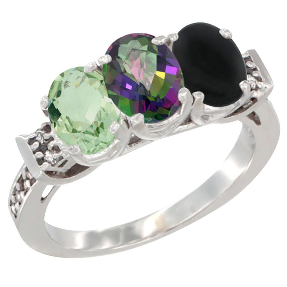 14K White Gold Natural Green Amethyst, Mystic Topaz & Black Onyx Ring 3-Stone 7x5 mm Oval Diamond Accent, sizes 5 - 10