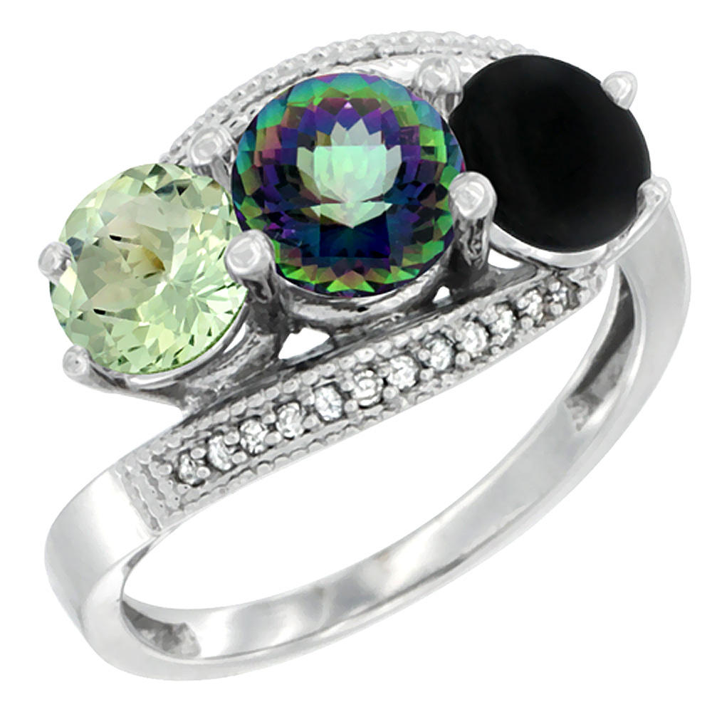 10K White Gold Natural Green Amethyst, Mystic Topaz & Black Onyx 3 stone Ring Round 6mm Diamond Accent, sizes 5 - 10