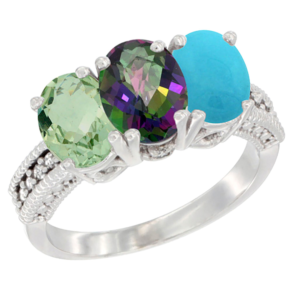 14K White Gold Natural Green Amethyst, Mystic Topaz & Turquoise Ring 3-Stone 7x5 mm Oval Diamond Accent, sizes 5 - 10