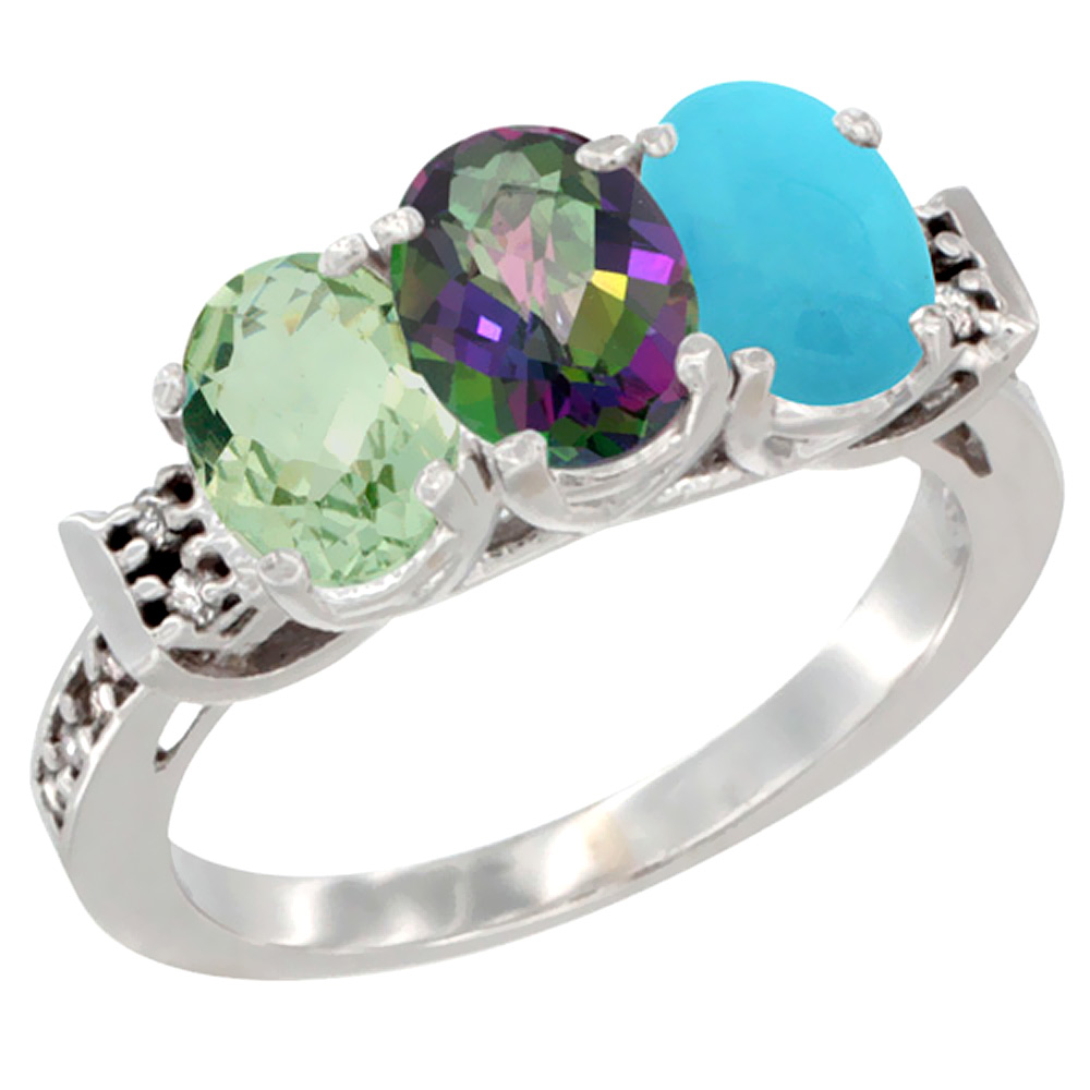 14K White Gold Natural Green Amethyst, Mystic Topaz & Turquoise Ring 3-Stone 7x5 mm Oval Diamond Accent, sizes 5 - 10