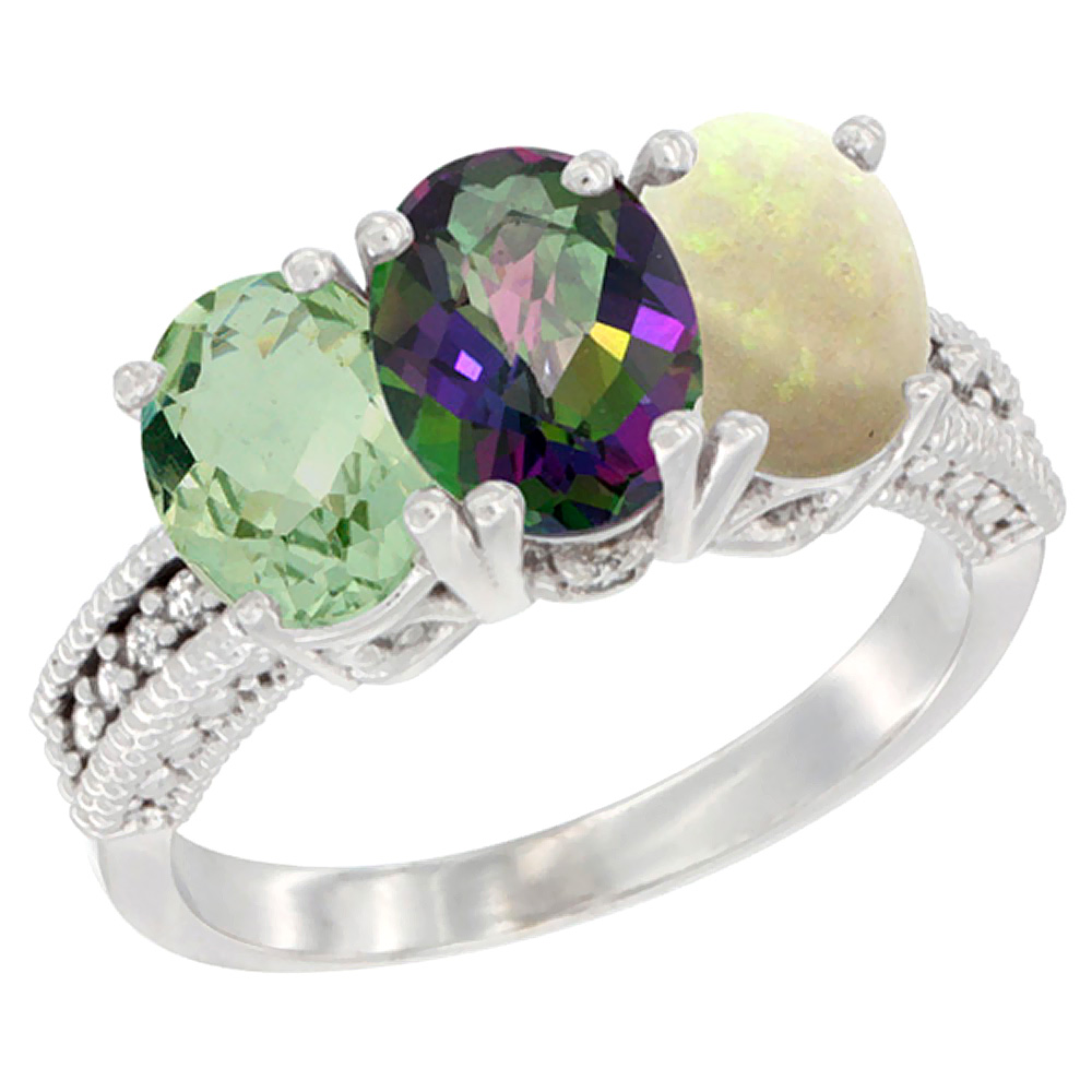 14K White Gold Natural Green Amethyst, Mystic Topaz & Opal Ring 3-Stone 7x5 mm Oval Diamond Accent, sizes 5 - 10
