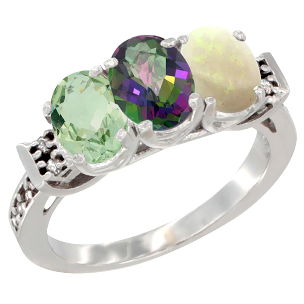 10K White Gold Natural Green Amethyst, Mystic Topaz & Opal Ring 3-Stone Oval 7x5 mm Diamond Accent, sizes 5 - 10