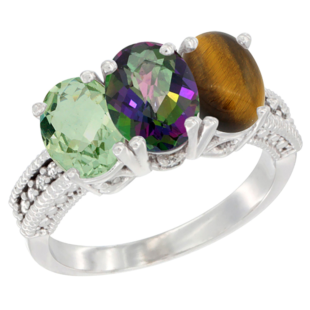 10K White Gold Natural Green Amethyst, Mystic Topaz & Tiger Eye Ring 3-Stone Oval 7x5 mm Diamond Accent, sizes 5 - 10