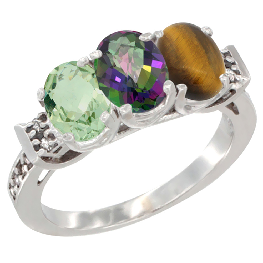 10K White Gold Natural Green Amethyst, Mystic Topaz & Tiger Eye Ring 3-Stone Oval 7x5 mm Diamond Accent, sizes 5 - 10