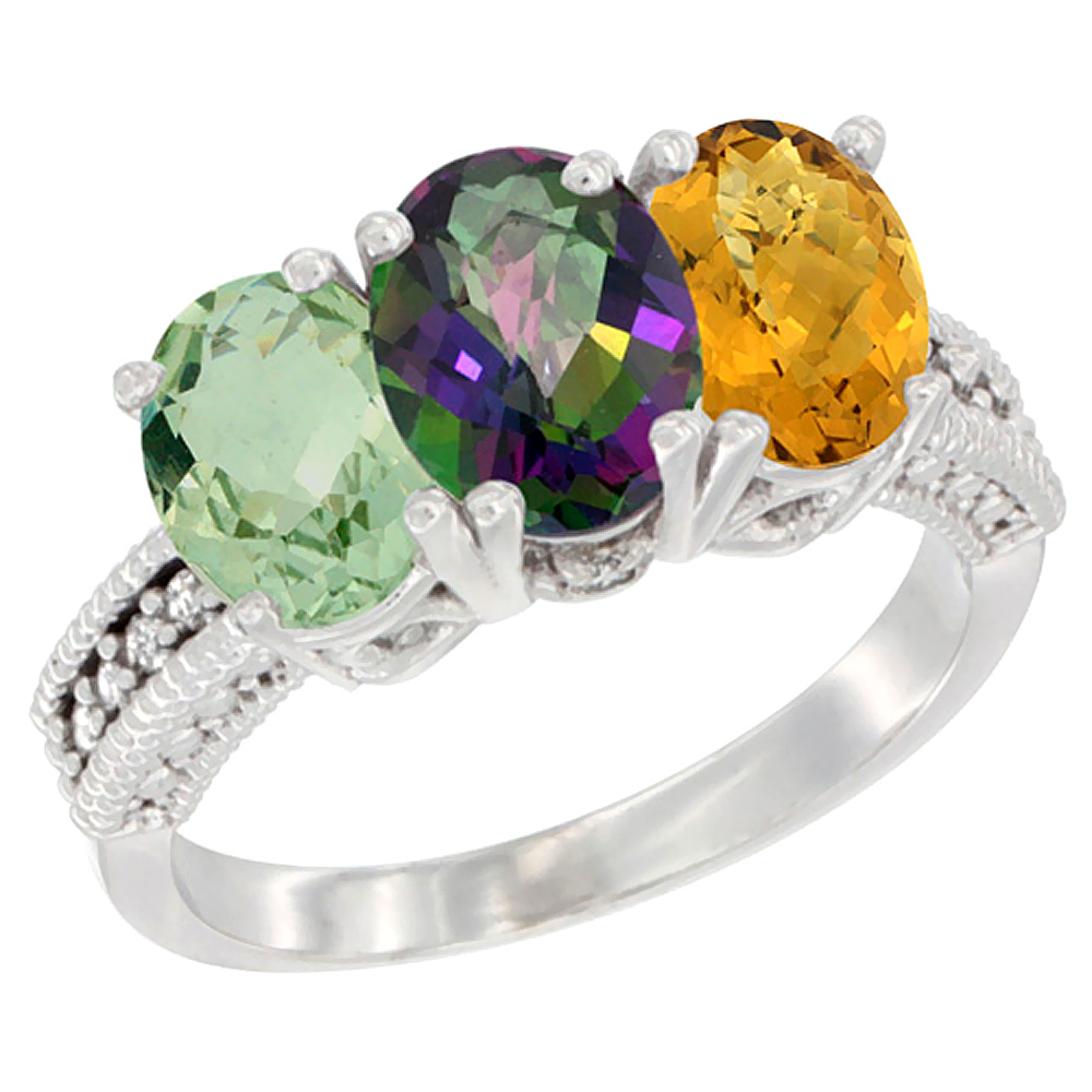 14K White Gold Natural Green Amethyst, Mystic Topaz & Whisky Quartz Ring 3-Stone 7x5 mm Oval Diamond Accent, sizes 5 - 10