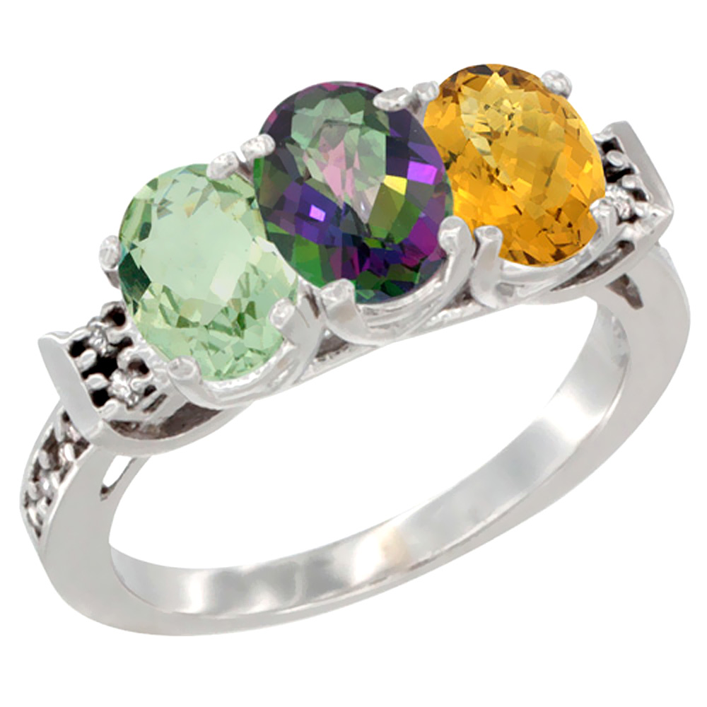 14K White Gold Natural Green Amethyst, Mystic Topaz & Whisky Quartz Ring 3-Stone 7x5 mm Oval Diamond Accent, sizes 5 - 10