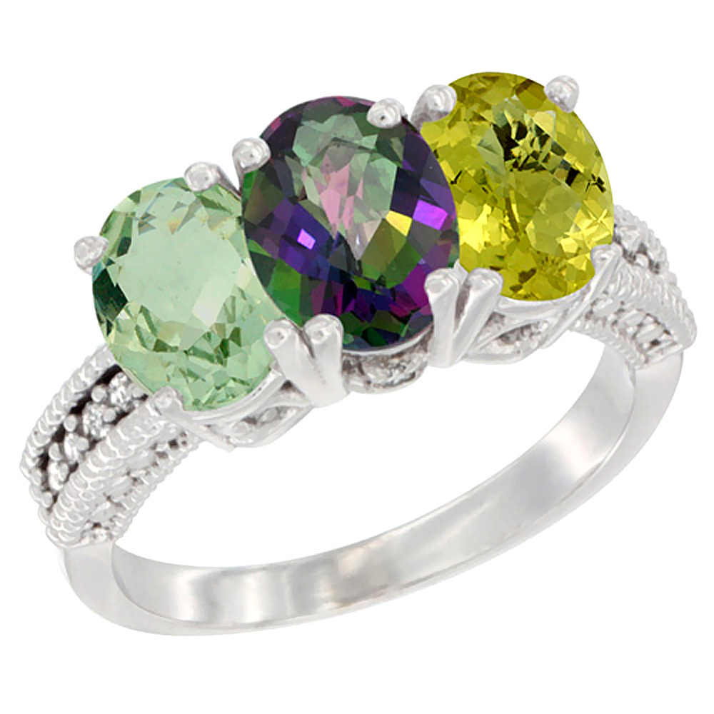 14K White Gold Natural Green Amethyst, Mystic Topaz &amp; Lemon Quartz Ring 3-Stone 7x5 mm Oval Diamond Accent, sizes 5 - 10