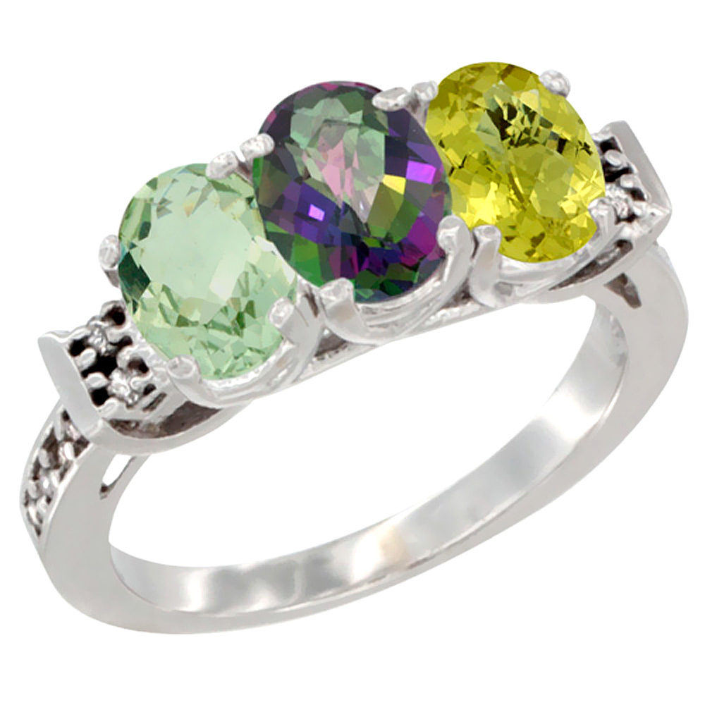 14K White Gold Natural Green Amethyst, Mystic Topaz & Lemon Quartz Ring 3-Stone 7x5 mm Oval Diamond Accent, sizes 5 - 10