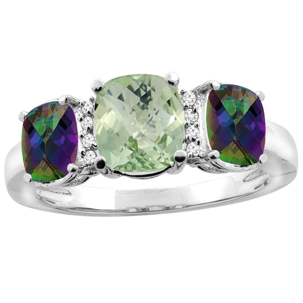 10K Yellow Gold Natural Green Amethyst &amp; Mystic Topaz 3-stone Ring Cushion 8x6mm Diamond Accent, sizes 5 - 10