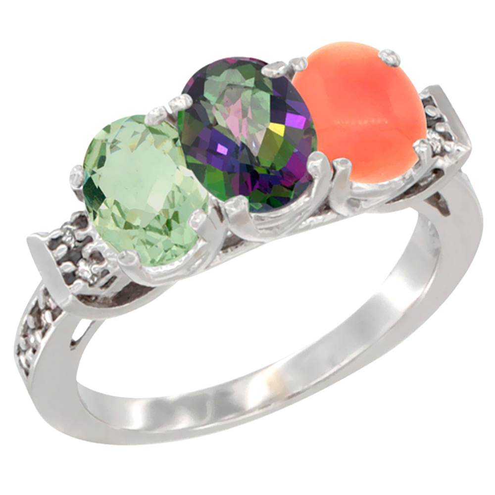 10K White Gold Natural Green Amethyst, Mystic Topaz & Coral Ring 3-Stone Oval 7x5 mm Diamond Accent, sizes 5 - 10