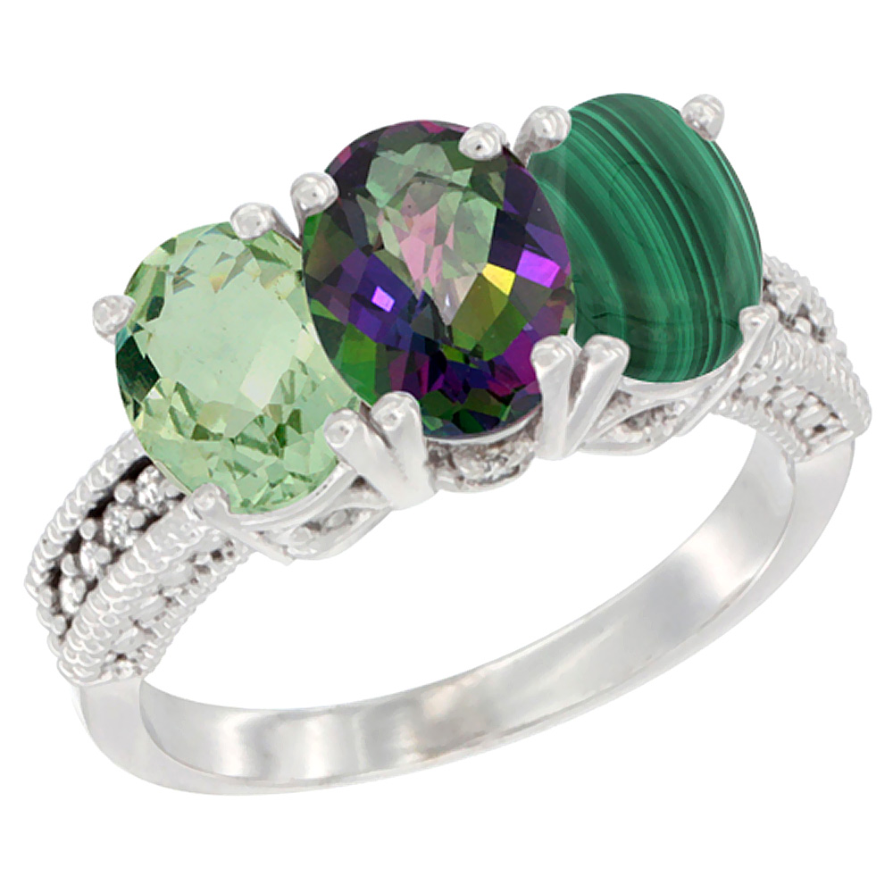 14K White Gold Natural Green Amethyst, Mystic Topaz & Malachite Ring 3-Stone 7x5 mm Oval Diamond Accent, sizes 5 - 10