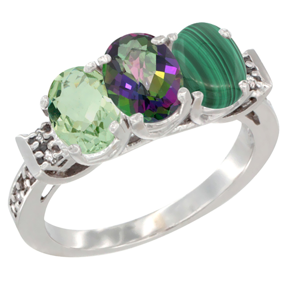 14K White Gold Natural Green Amethyst, Mystic Topaz &amp; Malachite Ring 3-Stone 7x5 mm Oval Diamond Accent, sizes 5 - 10