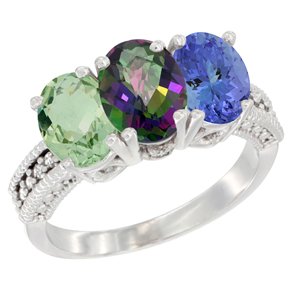 14K White Gold Natural Green Amethyst, Mystic Topaz & Tanzanite Ring 3-Stone 7x5 mm Oval Diamond Accent, sizes 5 - 10