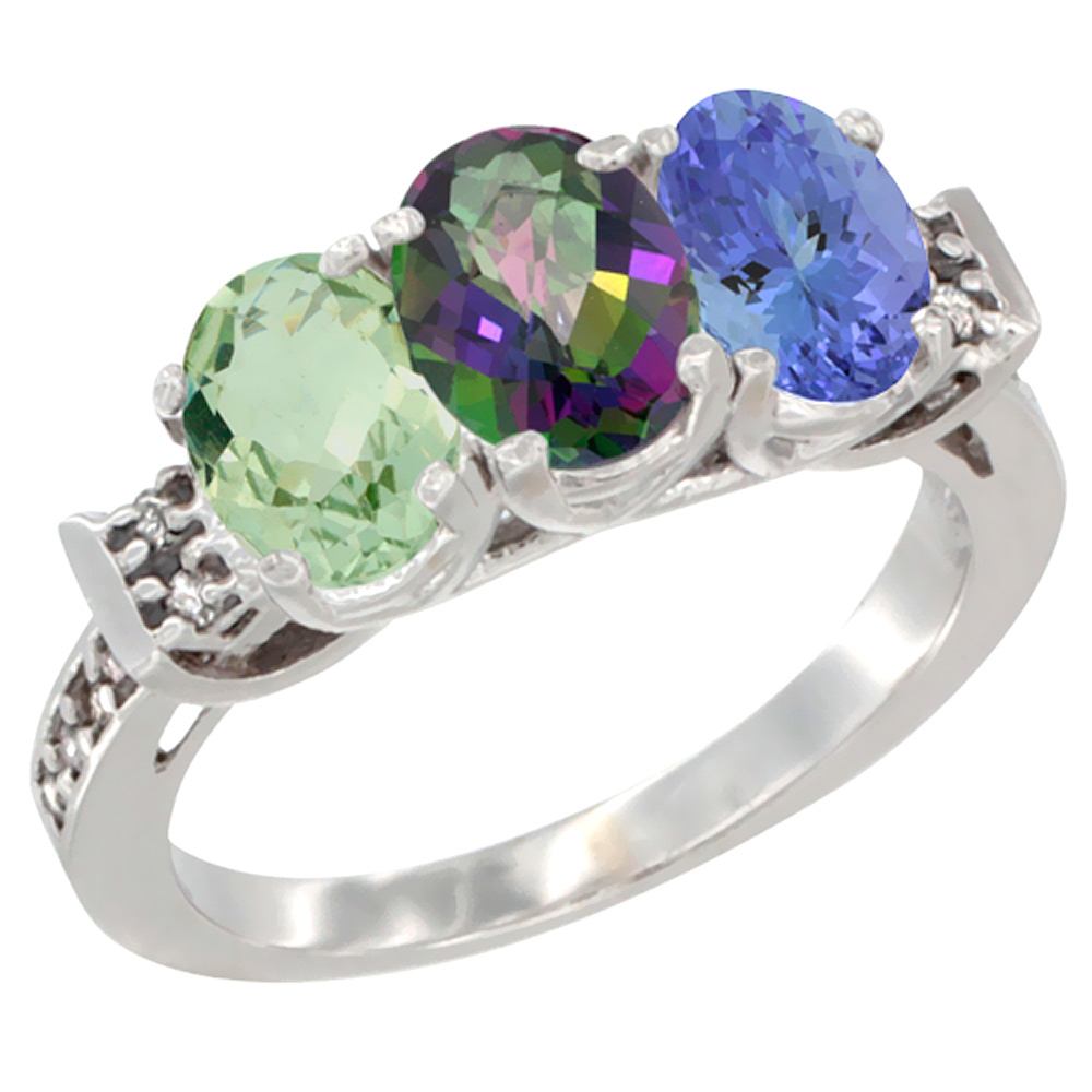 14K White Gold Natural Green Amethyst, Mystic Topaz & Tanzanite Ring 3-Stone 7x5 mm Oval Diamond Accent, sizes 5 - 10