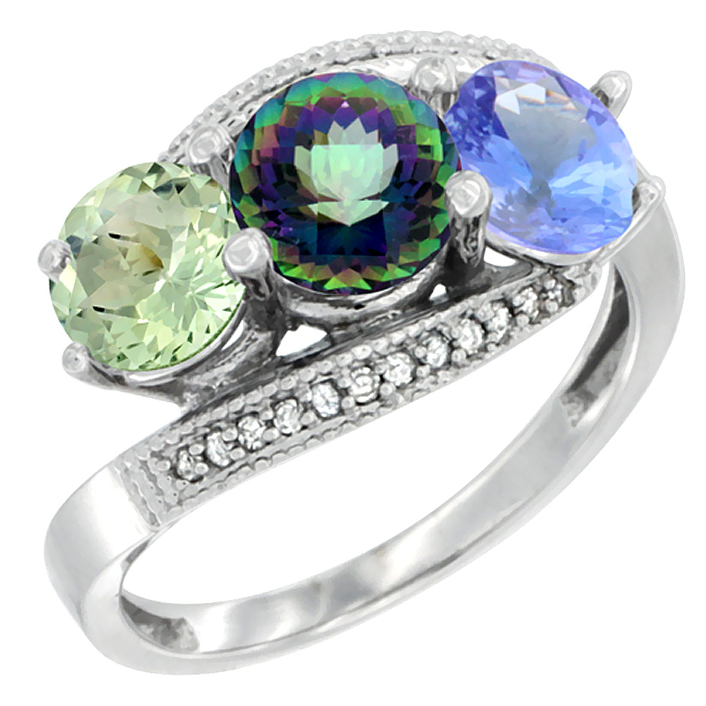 10K White Gold Natural Green Amethyst, Mystic Topaz & Tanzanite 3 stone Ring Round 6mm Diamond Accent, sizes 5 - 10