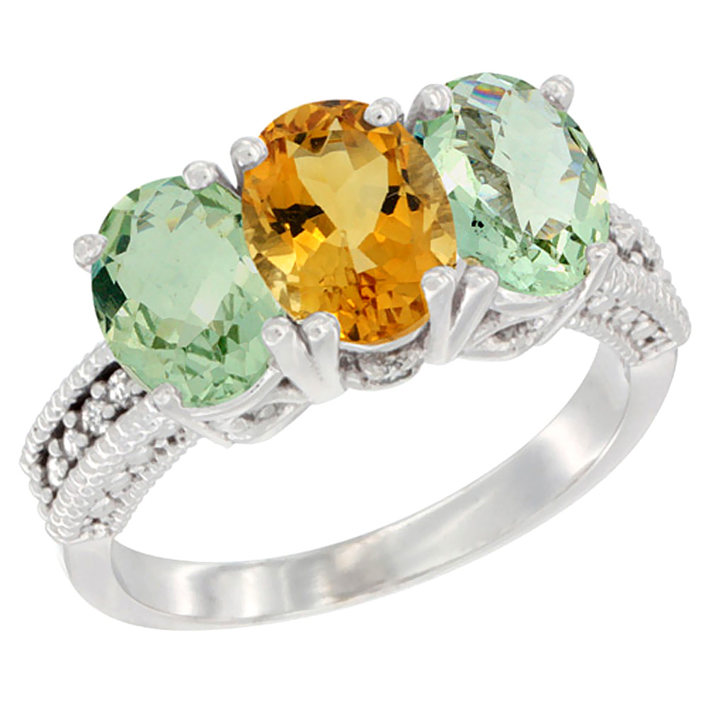 10K White Gold Natural Citrine &amp; Green Amethyst Sides Ring 3-Stone Oval 7x5 mm Diamond Accent, sizes 5 - 10