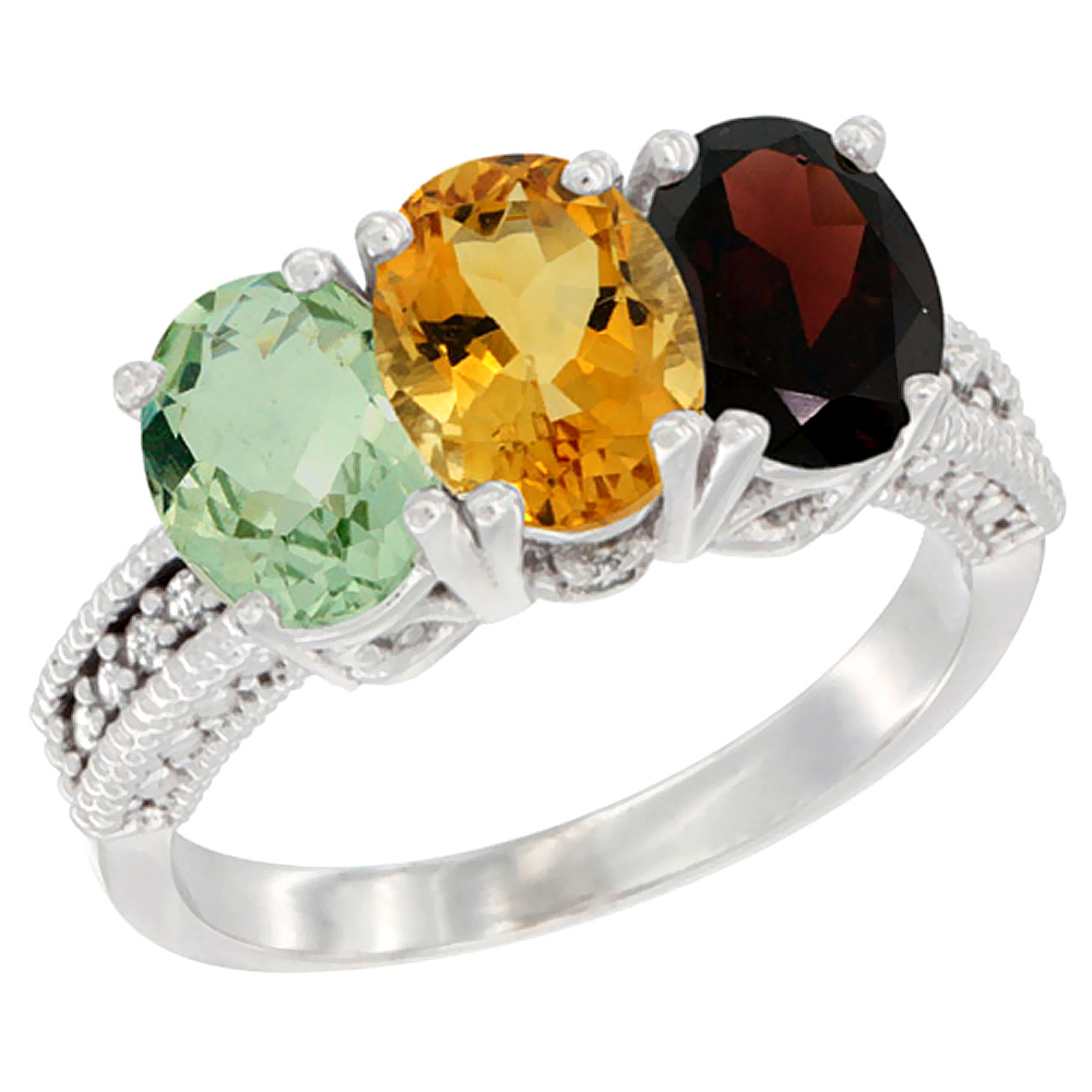 14K White Gold Natural Green Amethyst, Citrine & Garnet Ring 3-Stone 7x5 mm Oval Diamond Accent, sizes 5 - 10