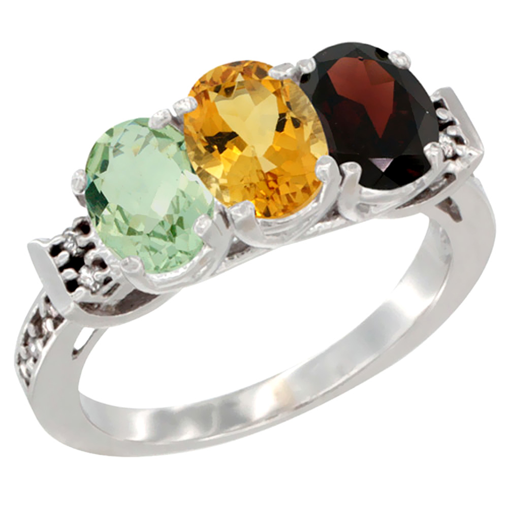 10K White Gold Natural Green Amethyst, Citrine & Garnet Ring 3-Stone Oval 7x5 mm Diamond Accent, sizes 5 - 10