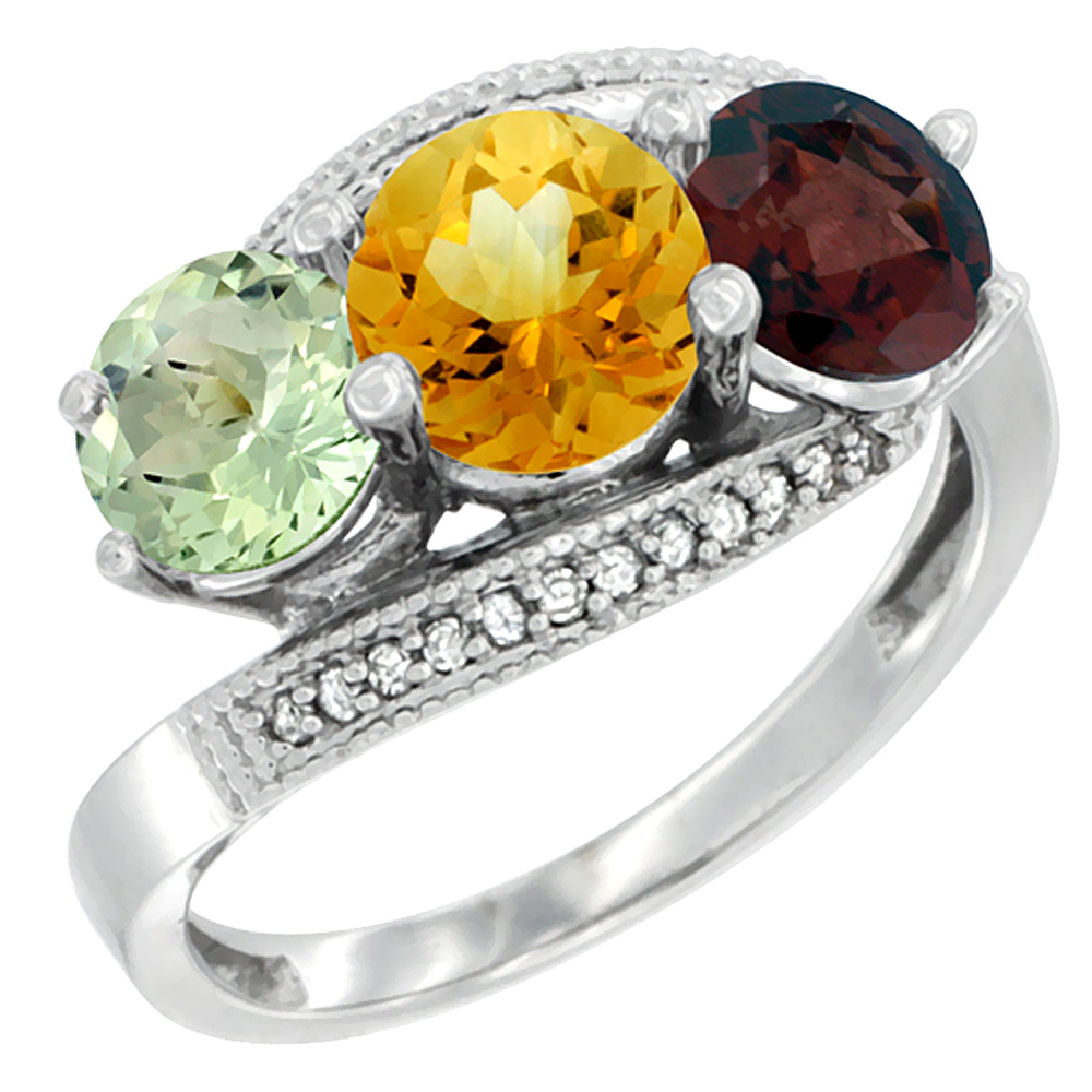 10K White Gold Natural Green Amethyst, Citrine & Garnet 3 stone Ring Round 6mm Diamond Accent, sizes 5 - 10