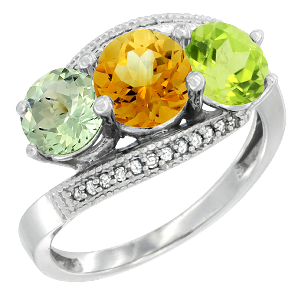 10K White Gold Natural Green Amethyst, Citrine & Peridot 3 stone Ring Round 6mm Diamond Accent, sizes 5 - 10