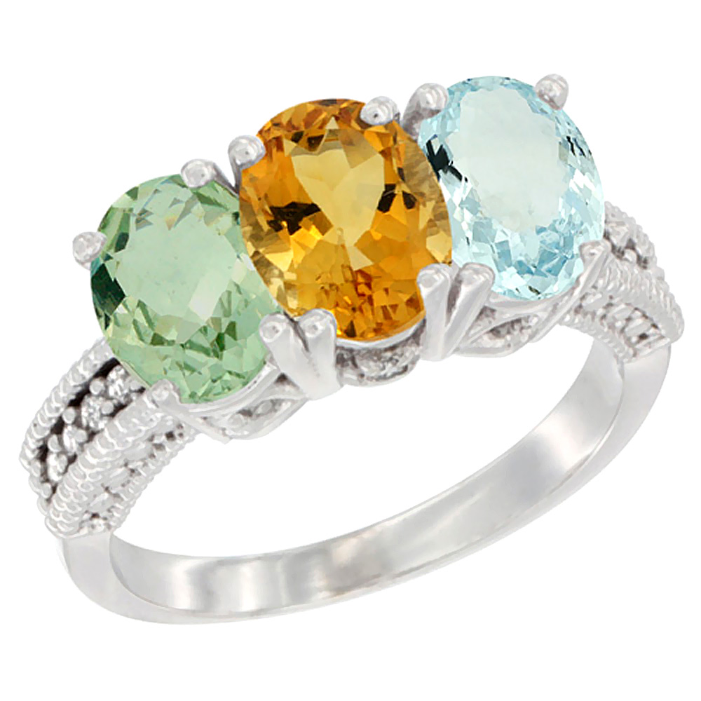 14K White Gold Natural Green Amethyst, Citrine & Aquamarine Ring 3-Stone 7x5 mm Oval Diamond Accent, sizes 5 - 10