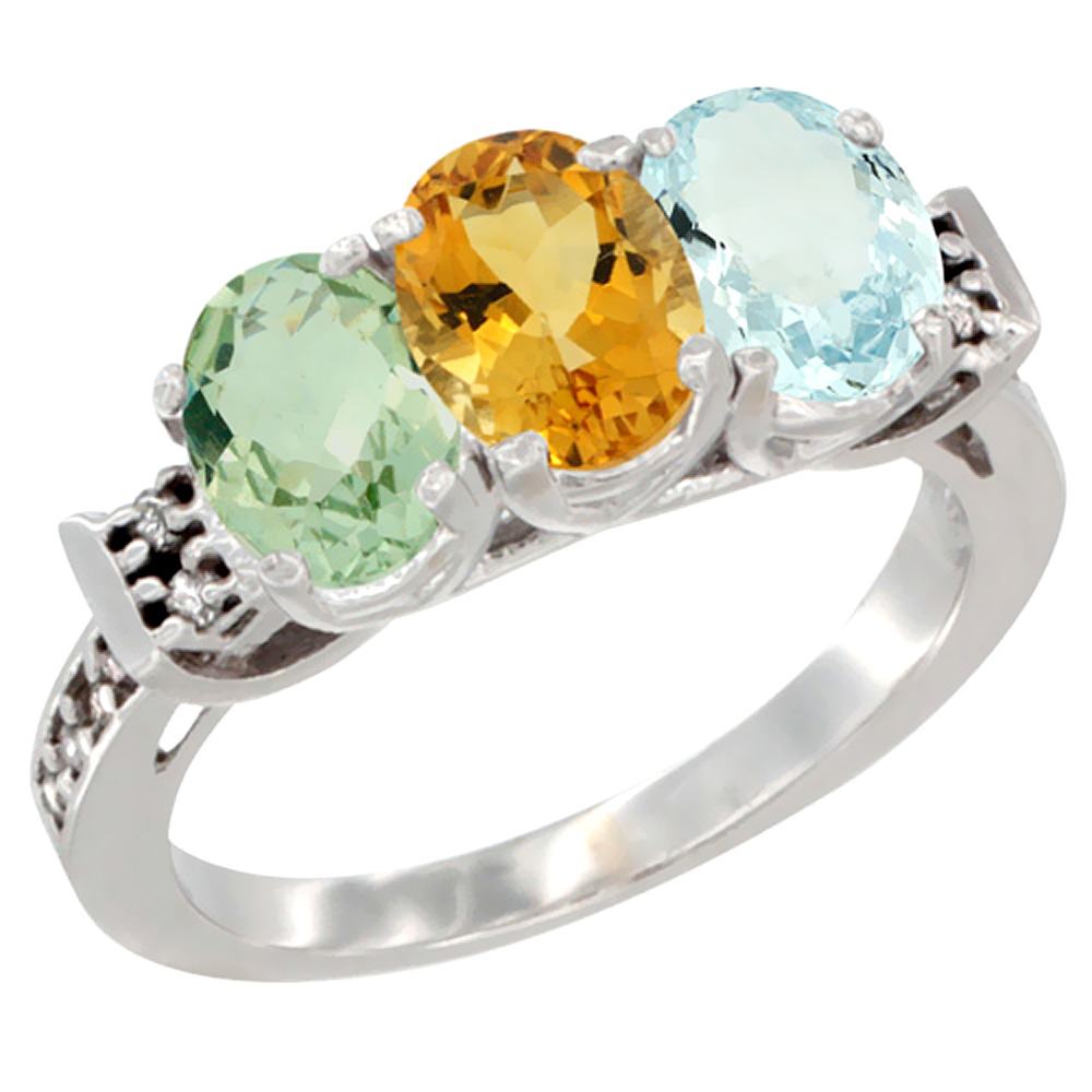 14K White Gold Natural Green Amethyst, Citrine & Aquamarine Ring 3-Stone 7x5 mm Oval Diamond Accent, sizes 5 - 10