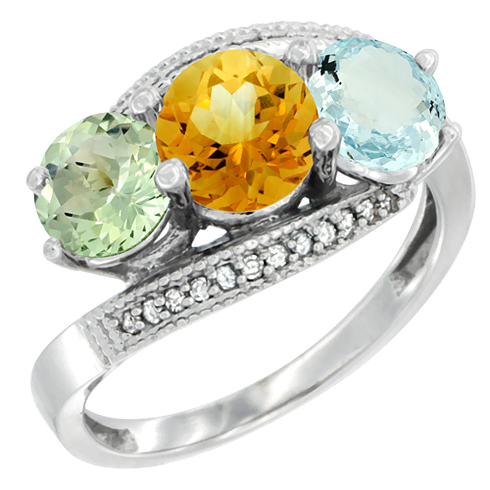 10K White Gold Natural Green Amethyst, Citrine & Aquamarine 3 stone Ring Round 6mm Diamond Accent, sizes 5 - 10