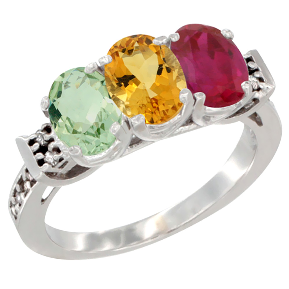 14K White Gold Natural Green Amethyst, Citrine &amp; Enhanced Ruby Ring 3-Stone 7x5 mm Oval Diamond Accent, sizes 5 - 10