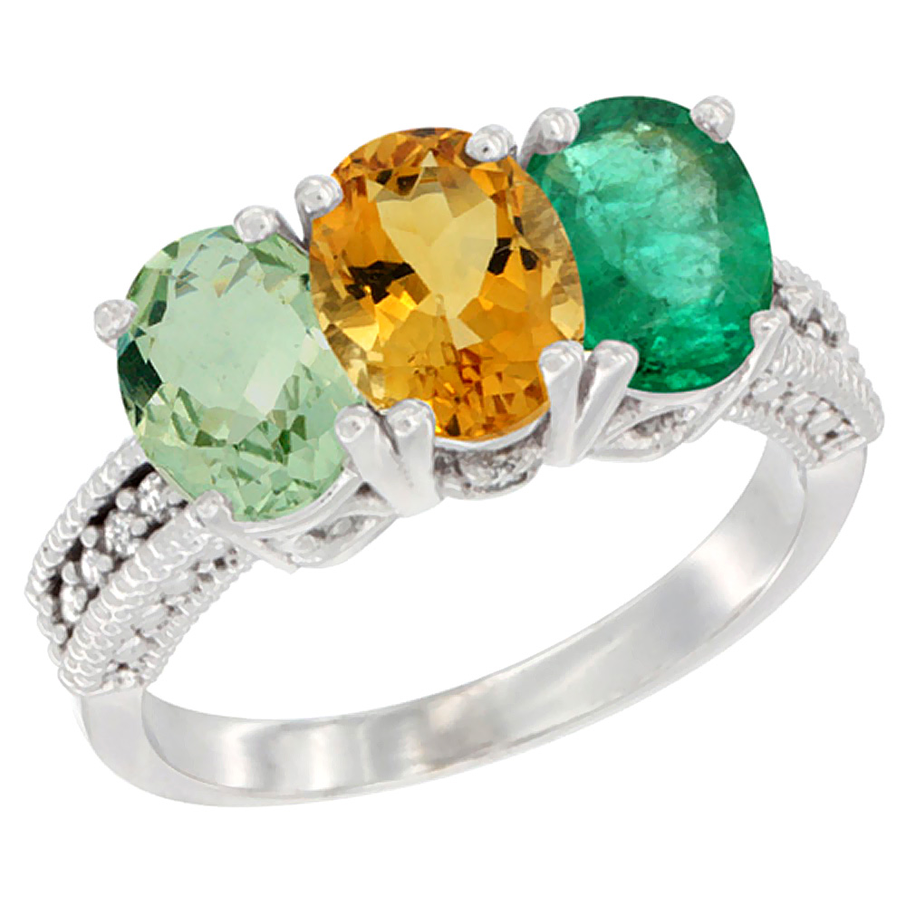 14K White Gold Natural Green Amethyst, Citrine & Emerald Ring 3-Stone 7x5 mm Oval Diamond Accent, sizes 5 - 10