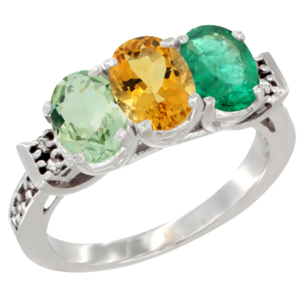 14K White Gold Natural Green Amethyst, Citrine & Emerald Ring 3-Stone 7x5 mm Oval Diamond Accent, sizes 5 - 10