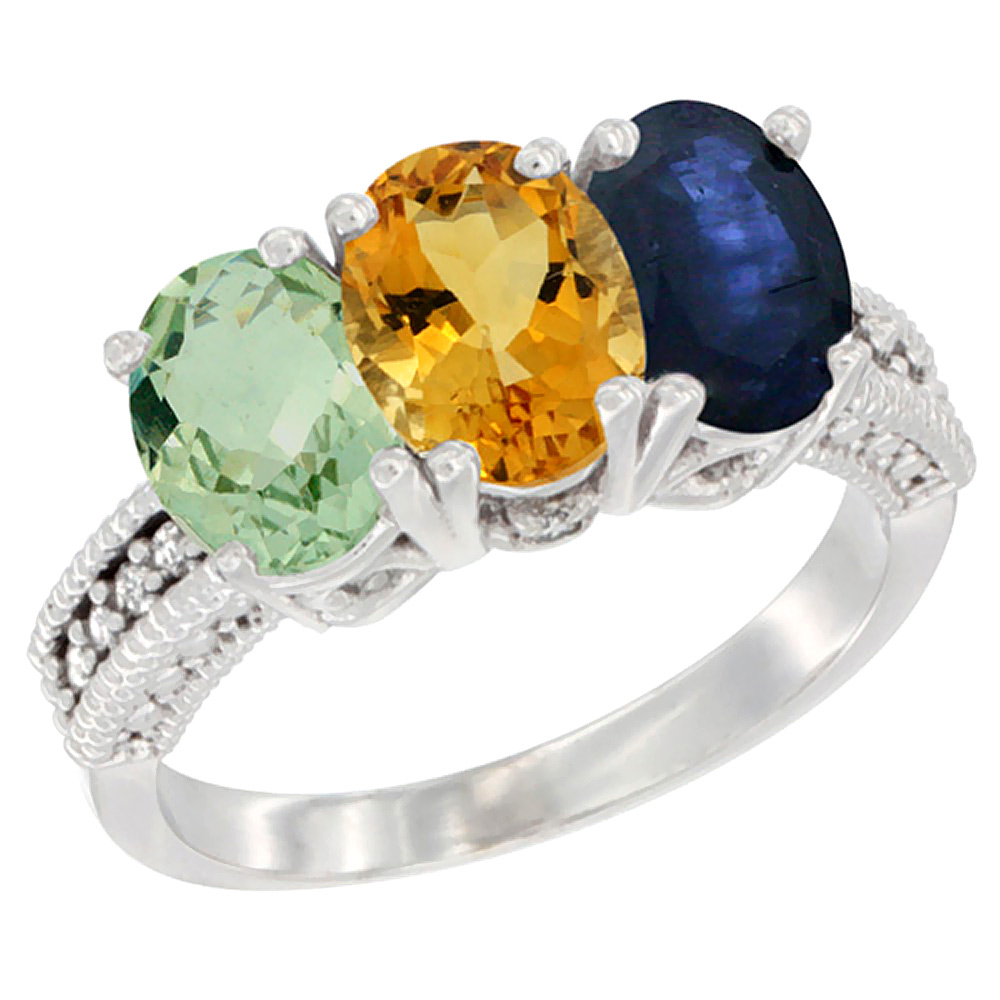 14K White Gold Natural Green Amethyst, Citrine &amp; Blue Sapphire Ring 3-Stone 7x5 mm Oval Diamond Accent, sizes 5 - 10