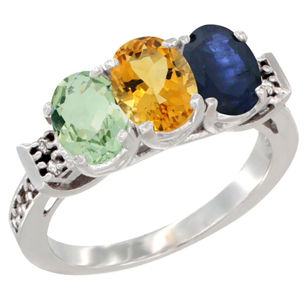 14K White Gold Natural Green Amethyst, Citrine &amp; Blue Sapphire Ring 3-Stone 7x5 mm Oval Diamond Accent, sizes 5 - 10
