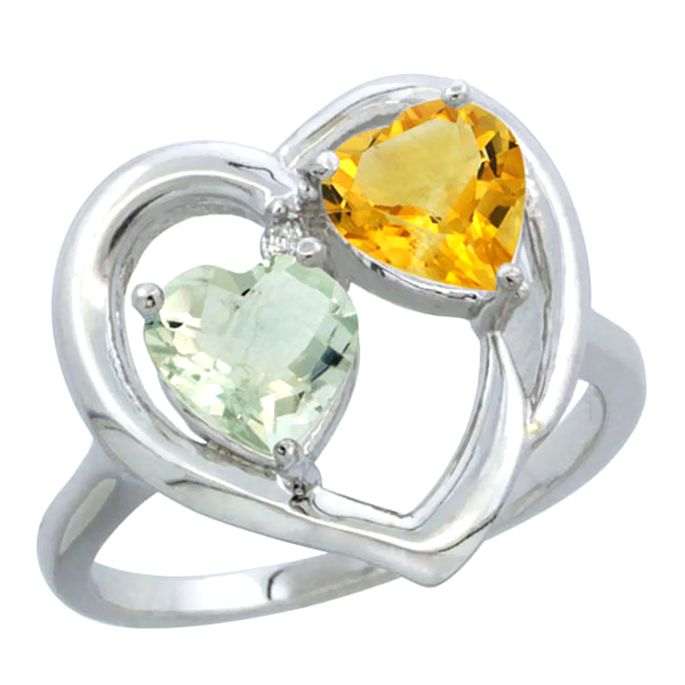 14K White Gold Diamond Two-stone Heart Ring 6mm Natural Green Amethyst & Citrine, sizes 5-10