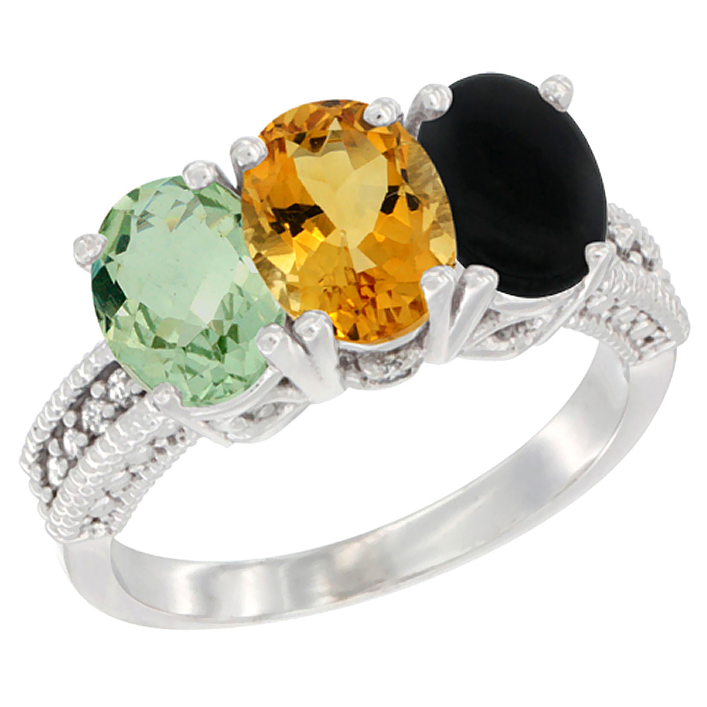 10K White Gold Natural Green Amethyst, Citrine & Black Onyx Ring 3-Stone Oval 7x5 mm Diamond Accent, sizes 5 - 10