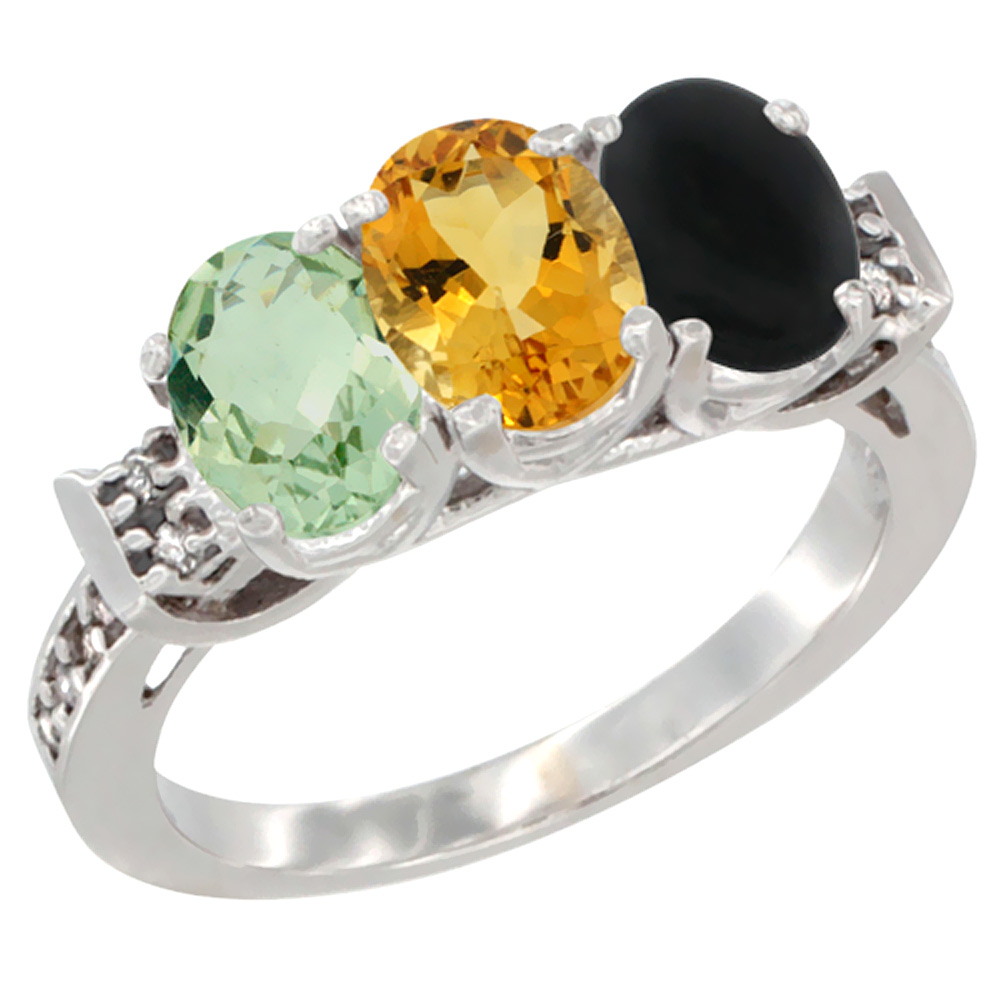 14K White Gold Natural Green Amethyst, Citrine & Black Onyx Ring 3-Stone 7x5 mm Oval Diamond Accent, sizes 5 - 10