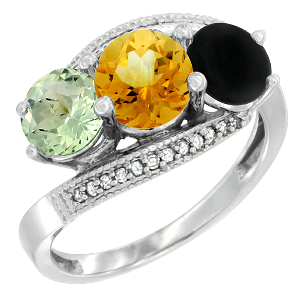 14K White Gold Natural Green Amethyst, Citrine & Black Onyx 3 stone Ring Round 6mm Diamond Accent, sizes 5 - 10