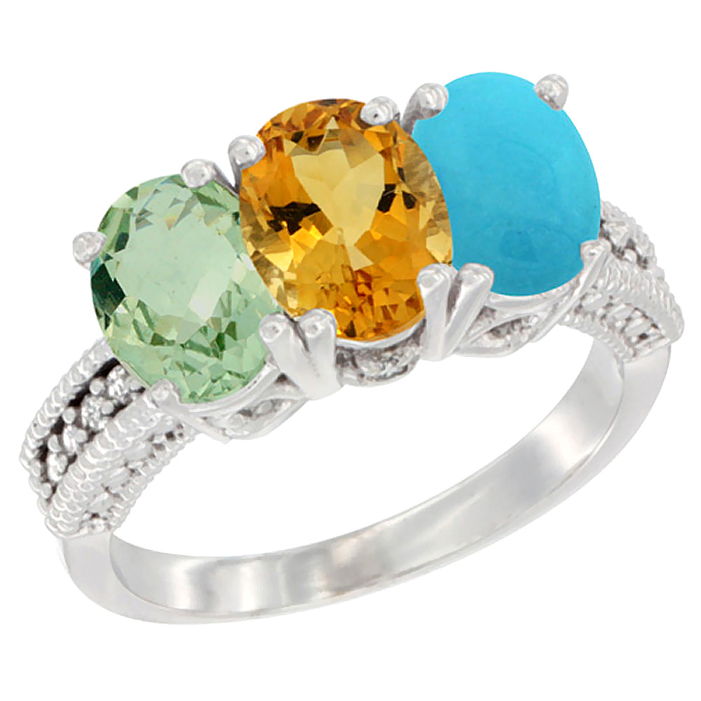 14K White Gold Natural Green Amethyst, Citrine &amp; Turquoise Ring 3-Stone 7x5 mm Oval Diamond Accent, sizes 5 - 10