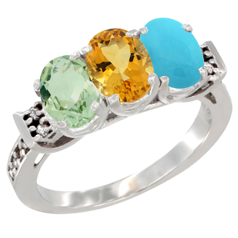 14K White Gold Natural Green Amethyst, Citrine &amp; Turquoise Ring 3-Stone 7x5 mm Oval Diamond Accent, sizes 5 - 10
