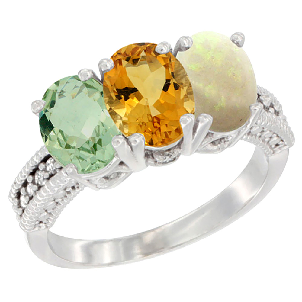 14K White Gold Natural Green Amethyst, Citrine & Opal Ring 3-Stone 7x5 mm Oval Diamond Accent, sizes 5 - 10