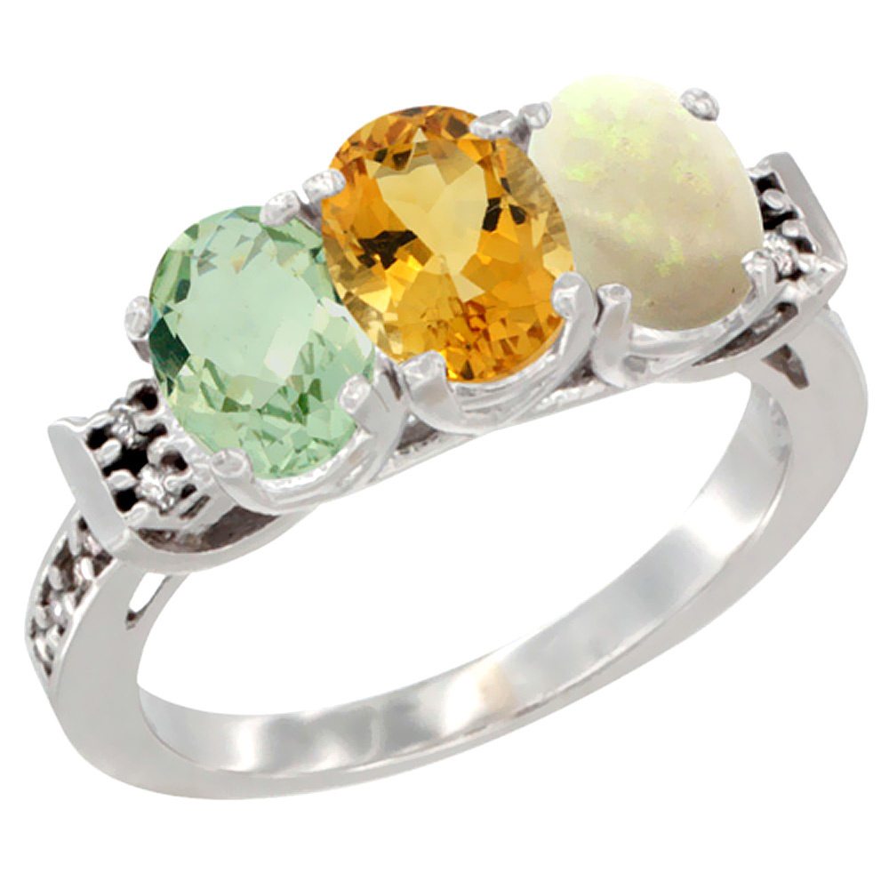 10K White Gold Natural Green Amethyst, Citrine & Opal Ring 3-Stone Oval 7x5 mm Diamond Accent, sizes 5 - 10