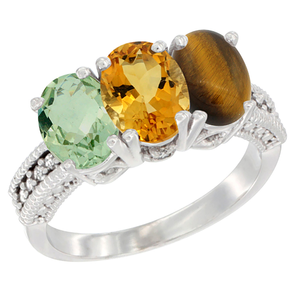 14K White Gold Natural Green Amethyst, Citrine &amp; Tiger Eye Ring 3-Stone 7x5 mm Oval Diamond Accent, sizes 5 - 10