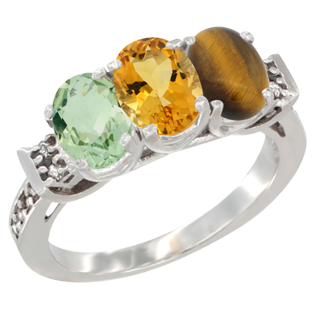 14K White Gold Natural Green Amethyst, Citrine &amp; Tiger Eye Ring 3-Stone 7x5 mm Oval Diamond Accent, sizes 5 - 10