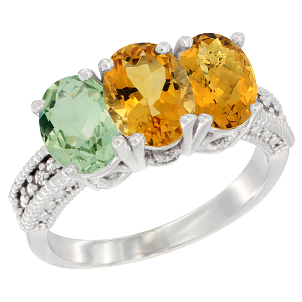 14K White Gold Natural Green Amethyst, Citrine &amp; Whisky Quartz Ring 3-Stone 7x5 mm Oval Diamond Accent, sizes 5 - 10