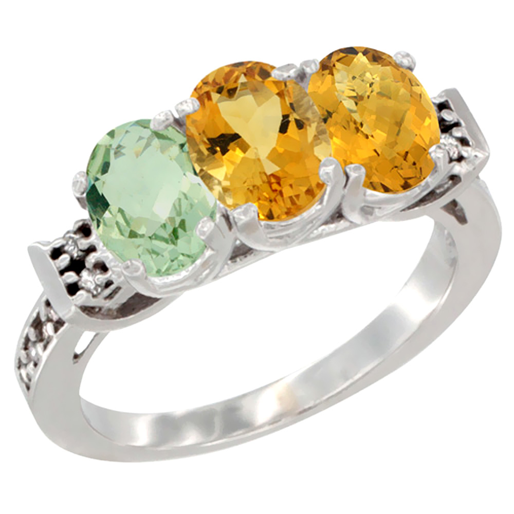 14K White Gold Natural Green Amethyst, Citrine &amp; Whisky Quartz Ring 3-Stone 7x5 mm Oval Diamond Accent, sizes 5 - 10