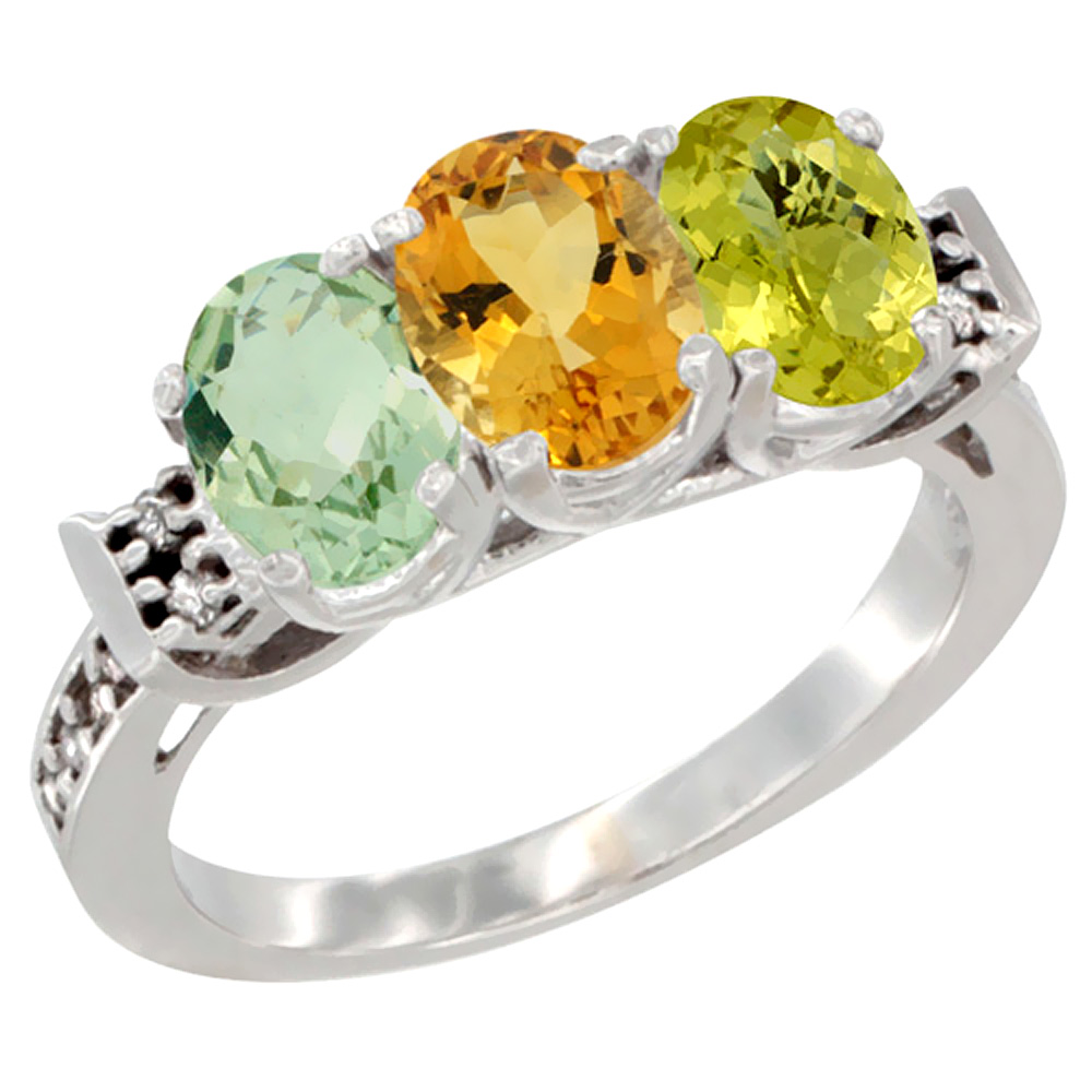 14K White Gold Natural Green Amethyst, Citrine & Lemon Quartz Ring 3-Stone 7x5 mm Oval Diamond Accent, sizes 5 - 10