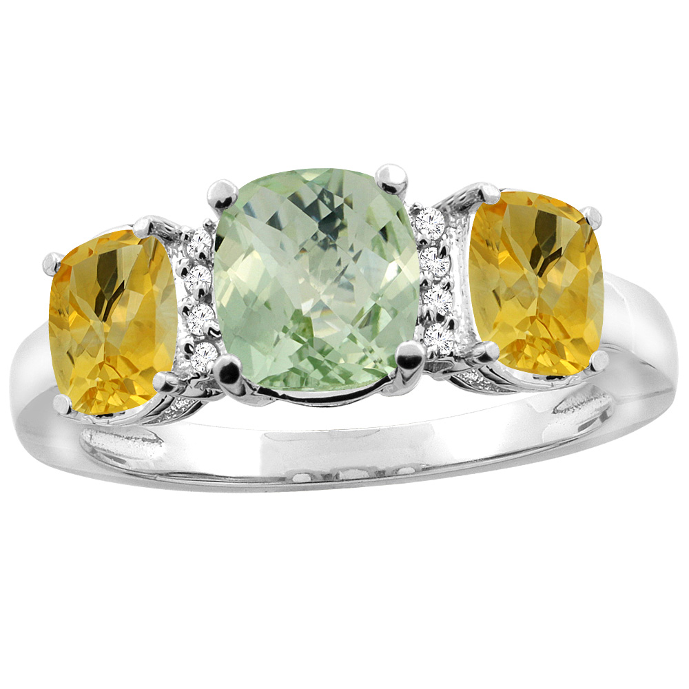 10K White Gold Natural Green Amethyst &amp; Citrine 3-stone Ring Cushion 8x6mm Diamond Accent, sizes 5 - 10