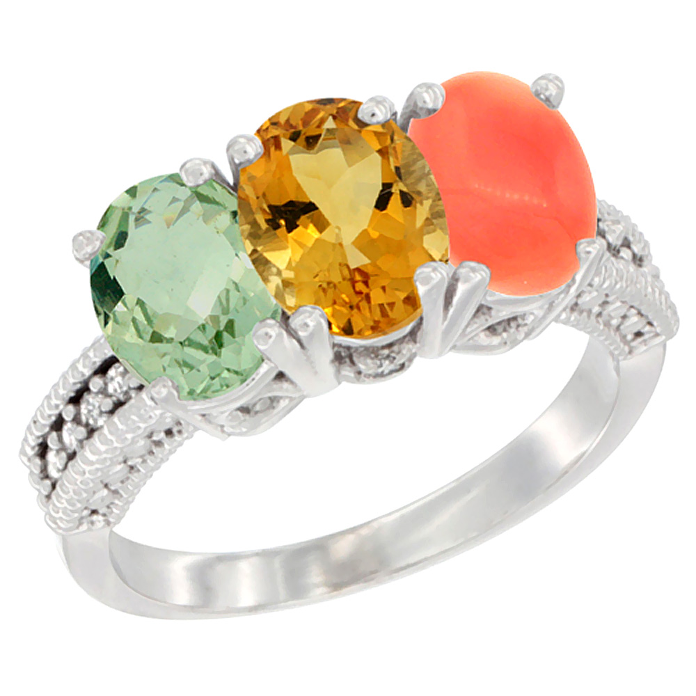 10K White Gold Natural Green Amethyst, Citrine & Coral Ring 3-Stone Oval 7x5 mm Diamond Accent, sizes 5 - 10