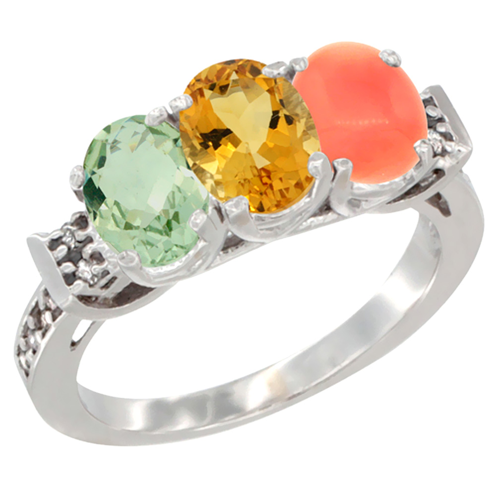 14K White Gold Natural Green Amethyst, Citrine & Coral Ring 3-Stone 7x5 mm Oval Diamond Accent, sizes 5 - 10