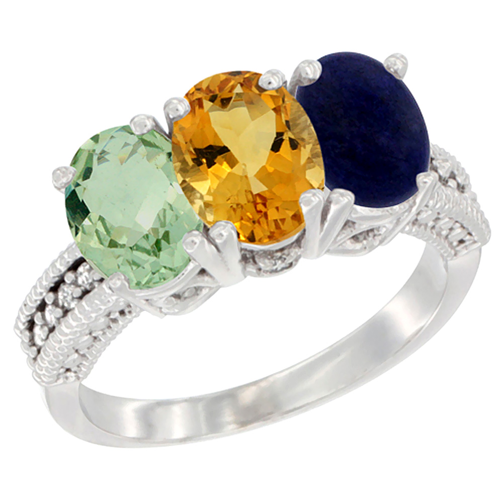 10K White Gold Natural Green Amethyst, Citrine &amp; Lapis Ring 3-Stone Oval 7x5 mm Diamond Accent, sizes 5 - 10